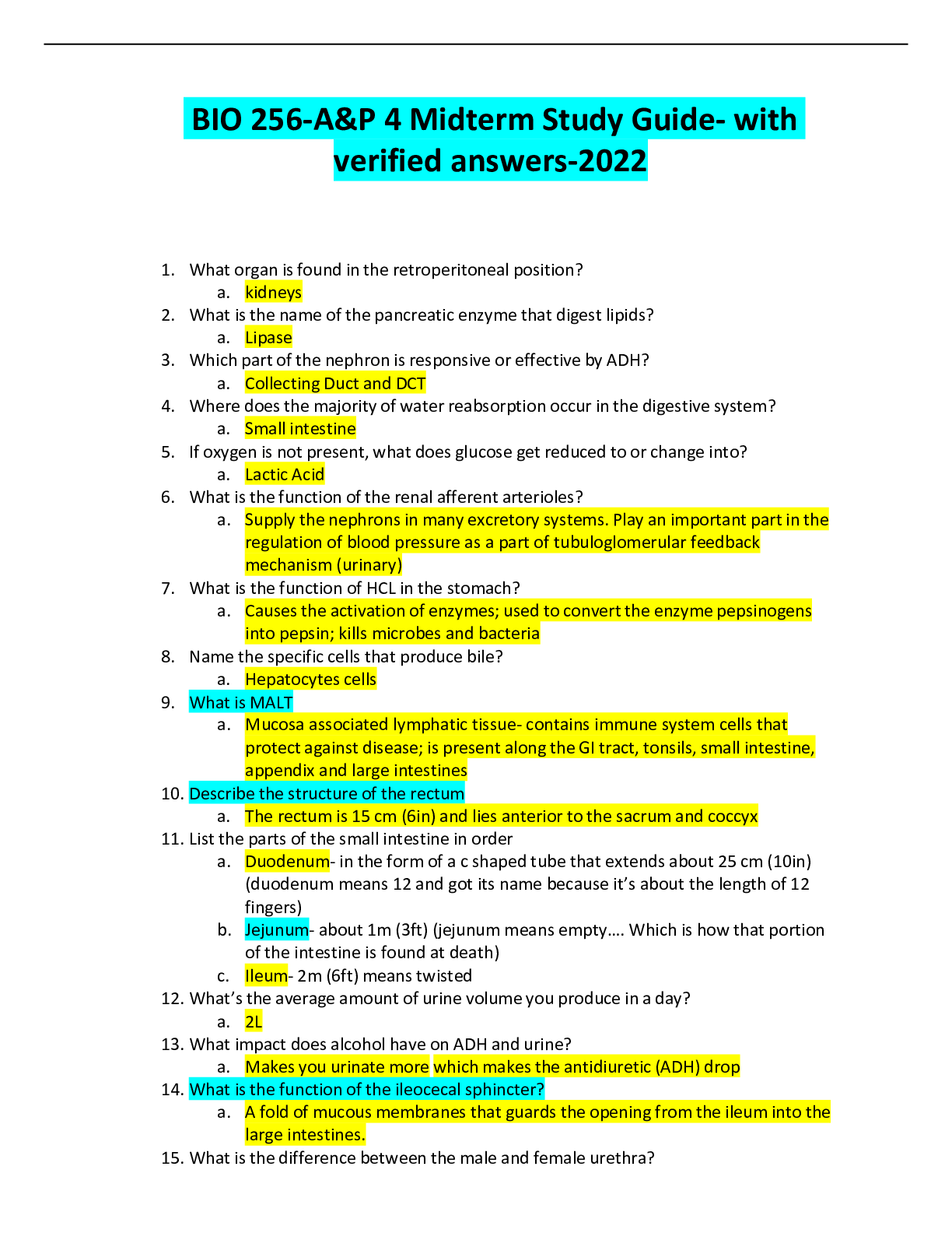 Preview of BIO 256-A&P 4 Midterm Study Guide- with verified answers-2022